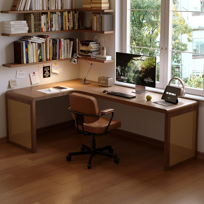 Bureau en bois massif en forme de L brun noyer + en rotin +, Retour à gauche, H 29,53 po x l 70,87 po x P 47,24 po