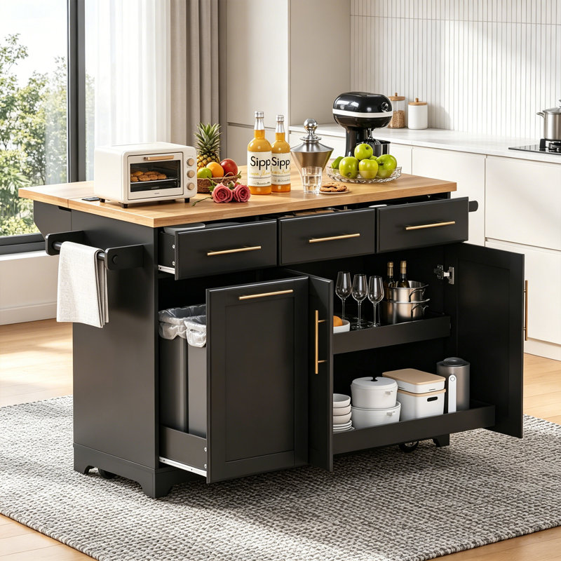 Chariot de rangement pour îlot de cuisine avec abattant, Noir
