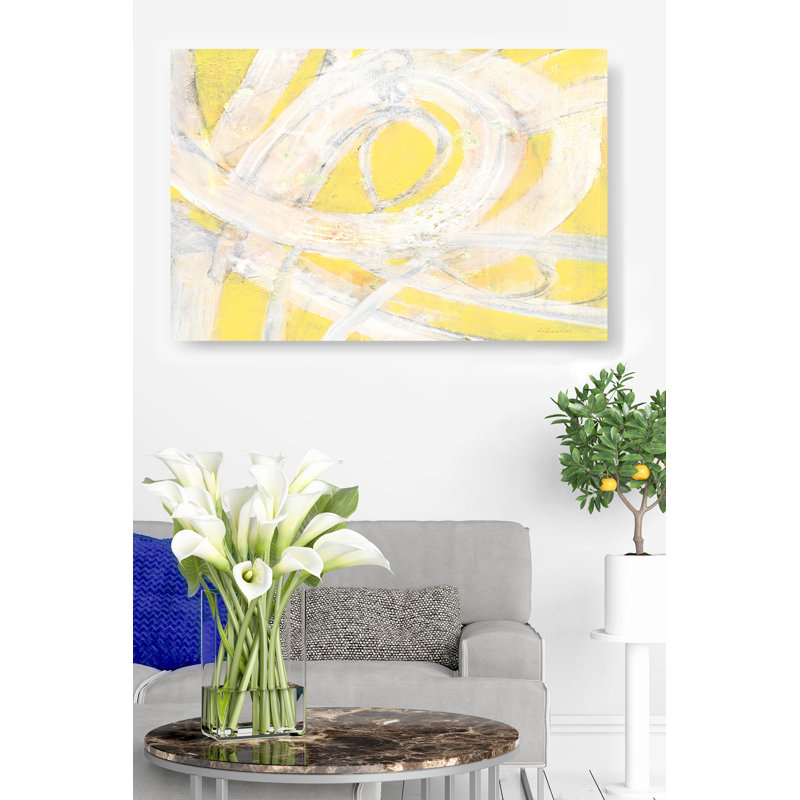 Tourbillon de soleil, tourbillons, lignes blanches, sur fond jaune, abstrait, or, H 16 po x l 24 po x P 1,5 po