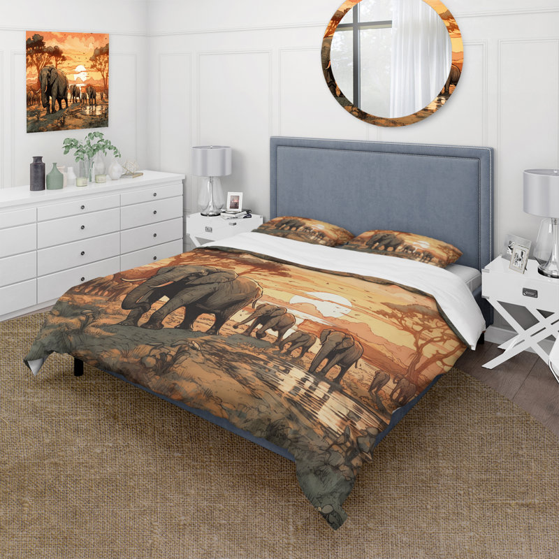 Ensemble de housse de couette orange en microfibre / polyester Orange African Safari With Elephants I Bedding
