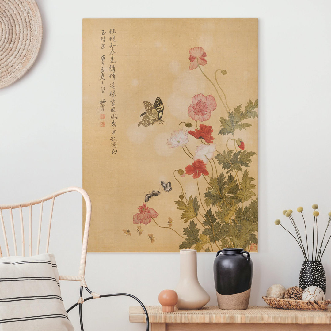 Leinwandbild Mohnblumen und Schmetterlinge von Yuanyu Ma