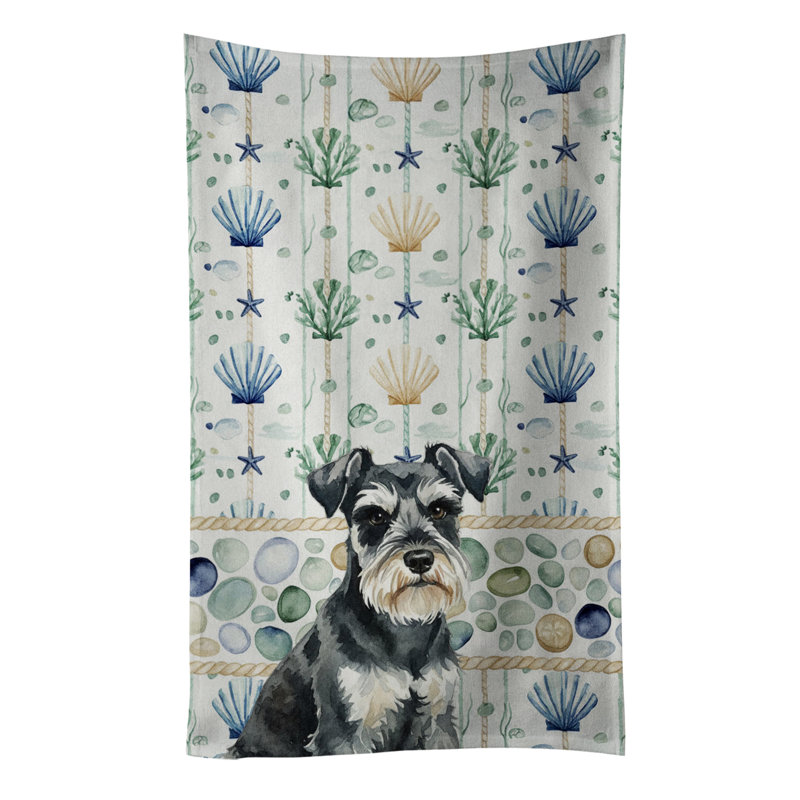 Black & Silver Miniature Schnauzer Coastal Sea Glass Kitchen Towel, Black & Silver Miniature Schnauzer
