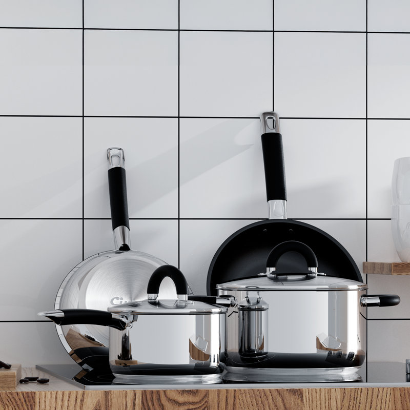 Ensemble de casseroles et de poêles à 5 plis, batterie de cuisine en acier inoxydable, 6 poêles à frire antiadhésives, va au lave-vaisselle