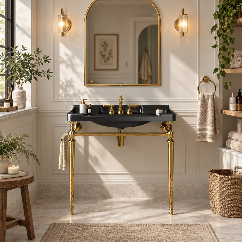 Meuble-lavabo console en céramique de 91 cm (36 po) avec support en métal et barre porte-serviettes, Doré, 36", Noir