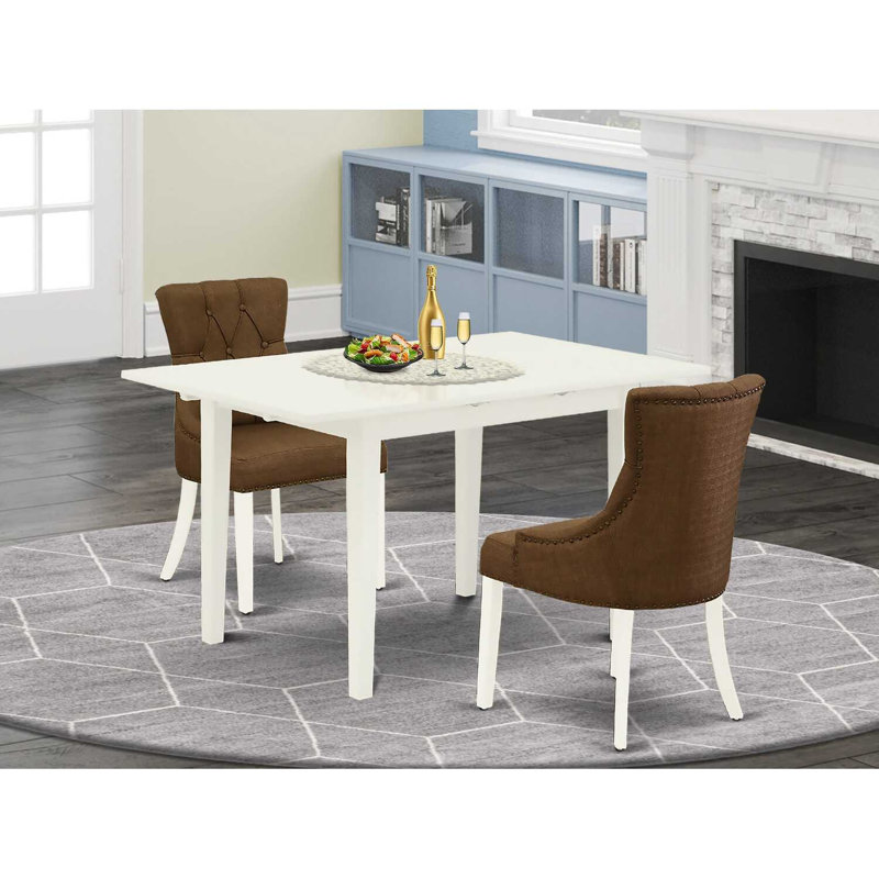  Ensemble de table de salle à manger rectangulaire en bois massif avec plateau papillon, Lin blanc, Brun / Blanc