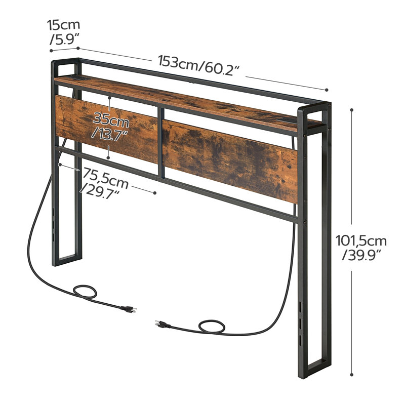 Morano 39.9"H Metal Headboard with Charging Station, Brown/Black, Queen