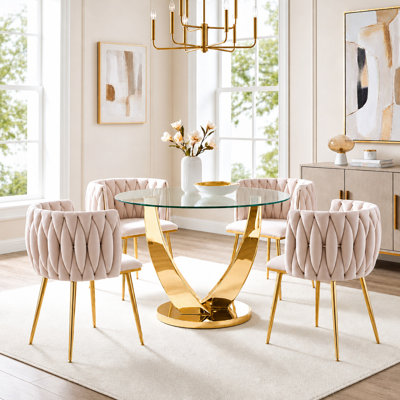 Ensemble de table de salle à manger 38,9 po pour 4 personnes, ensemble de table de salle à manger moderne avec 4 chaises en velours, ensemble de table en verre transparent 5 pièces pour cuisine, salle à manger et appartement
