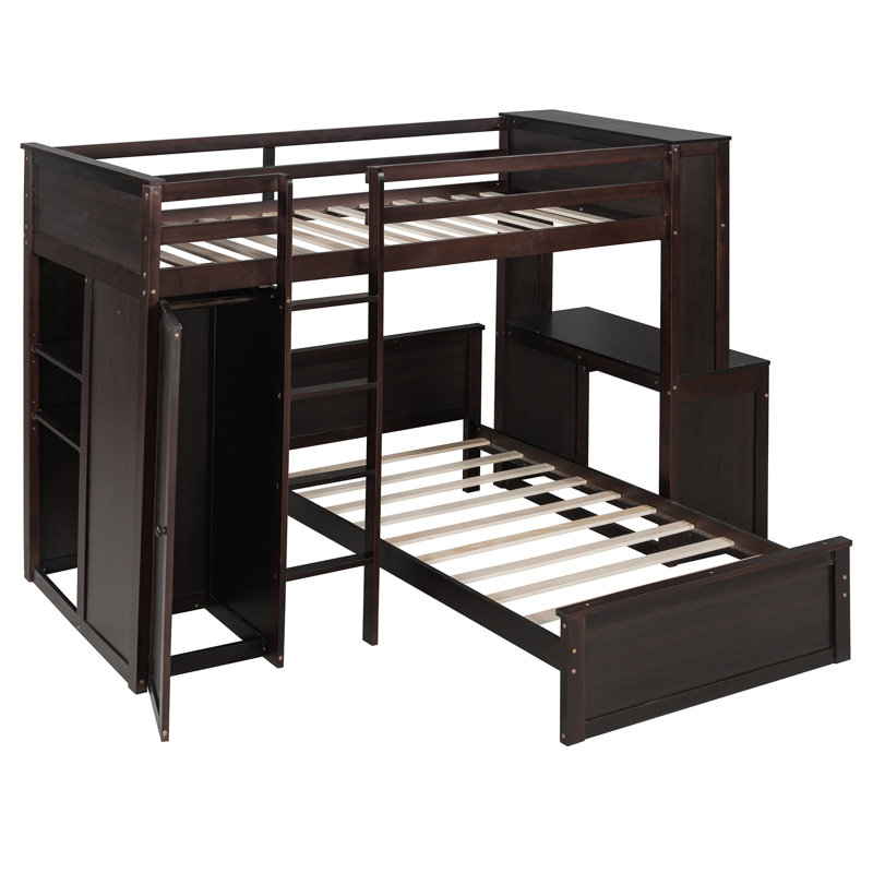 Ensemble de lit mezzanine simple en bois 2 pièces brun / espresso avec bureau, avec rangement et garde-robe, Espresso