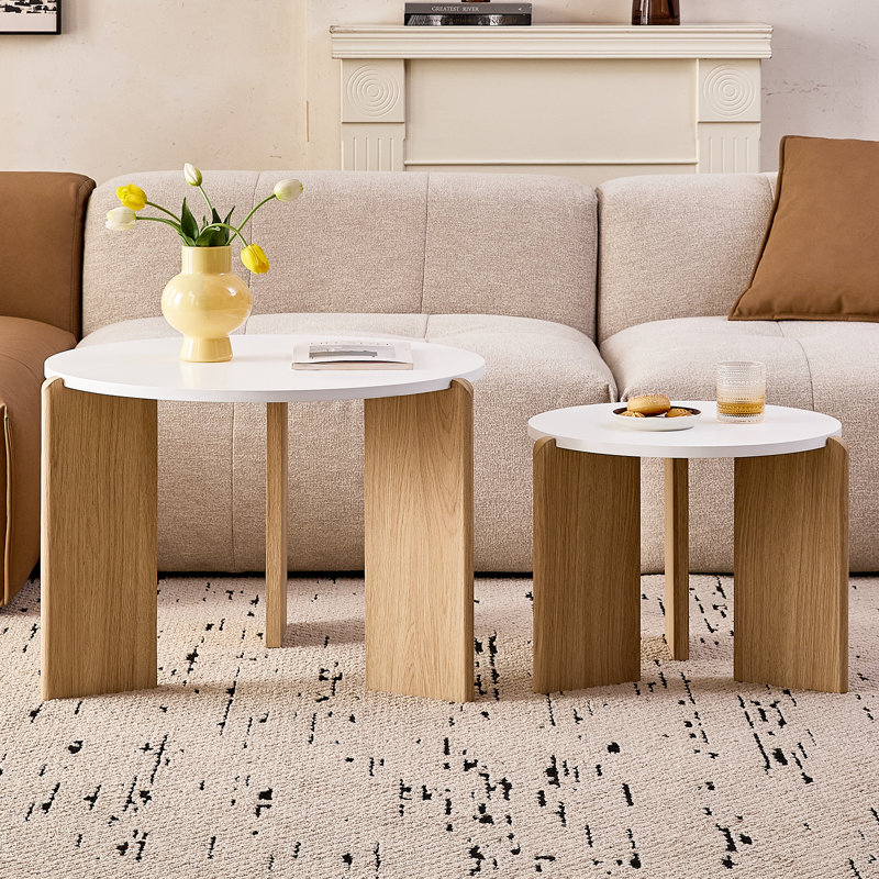 Round Nesting Coffee Tables Set Of 2 For Living Room [Interchangeable Height] Mid Century Modern Circle Side Table For Bedroom, Apartment