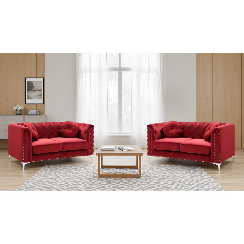 Colmar Burgundy Velvet Loveseat Set Of 2, Burgundy