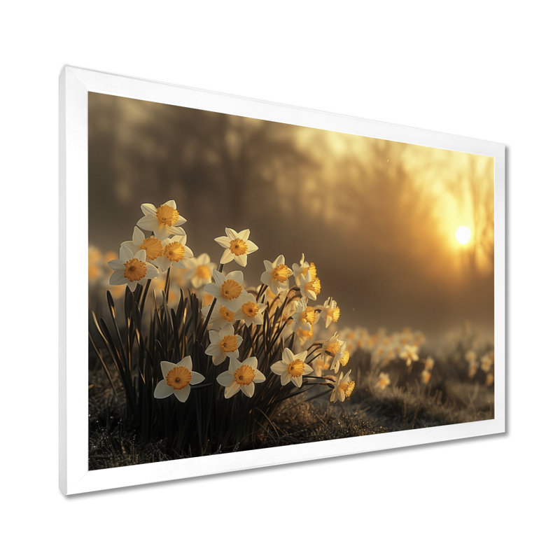 Beige jaune été Golden Hour Daffodils - jonquilles, impression d'art mural, White Picture Framed, H 12 po x l 20 po