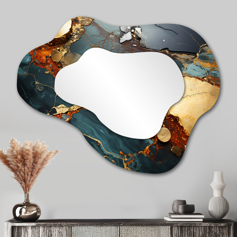 Gold and Green Serene abstract marble dream IV - Marble Asymmetrical Wall Mirror, Gold Cloud Decorative Mirror, Printed Metal Art