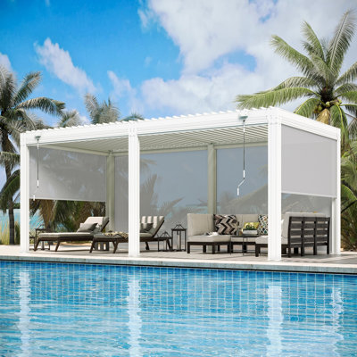 20 x 10 Ft Louvered Pergola with Pull-Down Screens, Aluminum Outdoor Gazebo with Adjustable Waterproof Roof for Patio, Deck & Hot Tub, White
