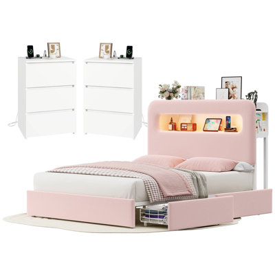 ON SALE 3-Piece Bedroom Sets, Storage Bed With Drawers & 3-Drawer Nightstands With Charging Port