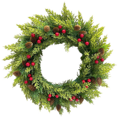 Couronne de cyprès artificiel 17,7 pouces avec baies rouges et pommes de pin, couronne de Noël