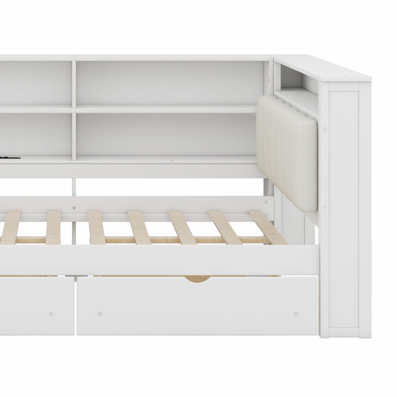 Lit plateforme en bois avec tablettes de rangement, tiroirs, station de charge, DEL, bureau et tête de lit tapissier, blanc