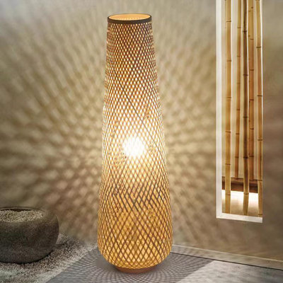 Hand-Woven Bamboo Floor Lamp, Bohemian Wicker Standing Lamp With Farmhouse Style, Perfect For Living Room, Bedroom, And Study Room