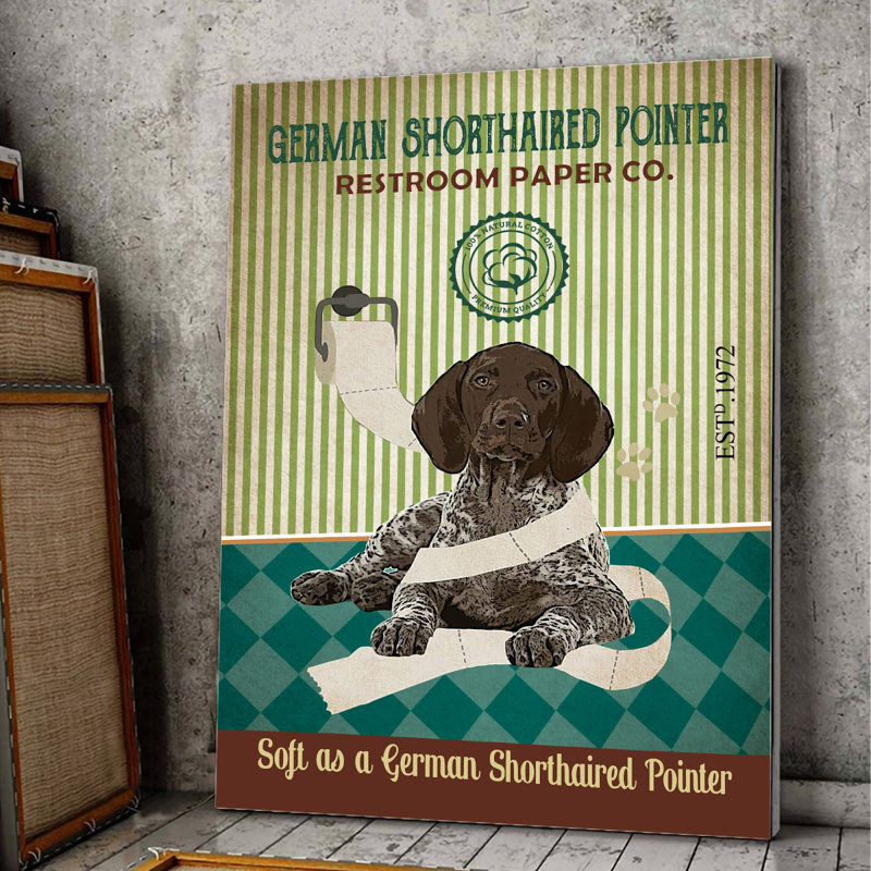 «German Shorthaired Pointer», Toile tendue avec châssis en toile - Illustration pour animaux de compagnie, décoration intérieure bleue et brune