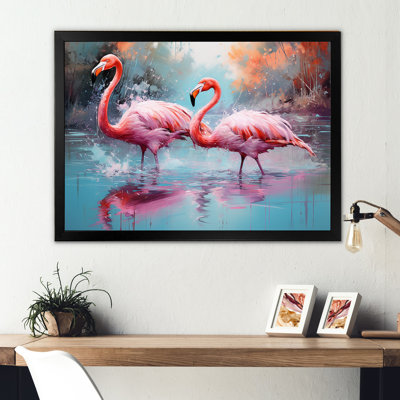 Wild Pink Flamingo In Lake - France Framed Prints