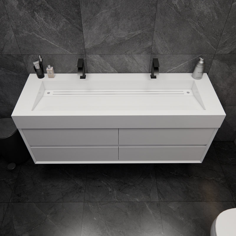 Albizu 59" Wall-Mounted Double Bathroom Vanity, White