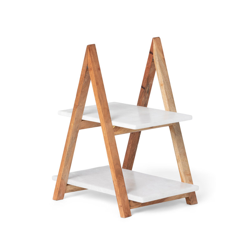 Two-Tier White Marble and Wood A-Frame Cheese Server