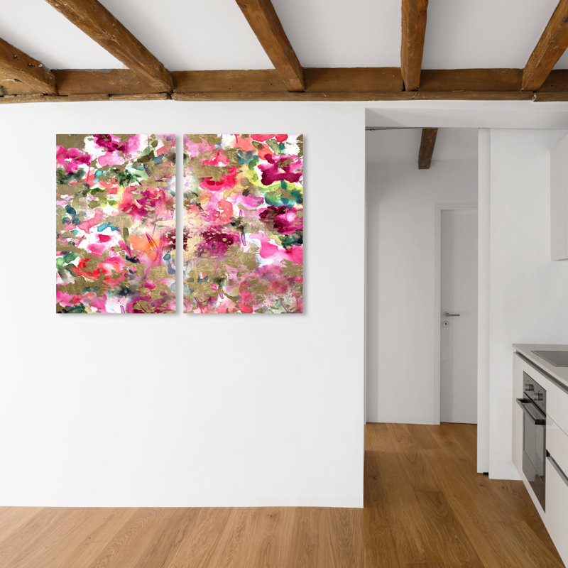 «Wilderness Diptych», motif floral glam rose - 2 pièces, peinture sur toile, H 36 po x l 48 po x P 1,5 po