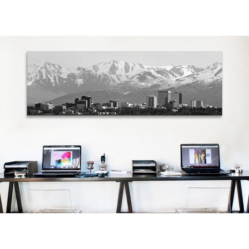 Horizon panoramique cityscape, reproduction de photo sur toile en noir et blanc, H 16 po x l 48 po x P 1,5 po, Toile tendue