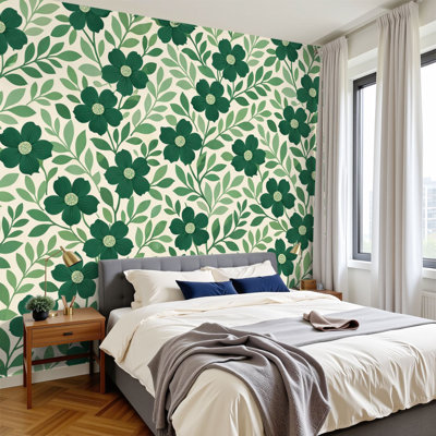 Peel and Stick Wallpaper Green Floral Seamless Stylized Leaves Botanical Motifs Wall Murals 100"H x 144"W Removable PVC Wall Paper Self-Adhesive Wall Decor for Bedroom Living Room Home Office