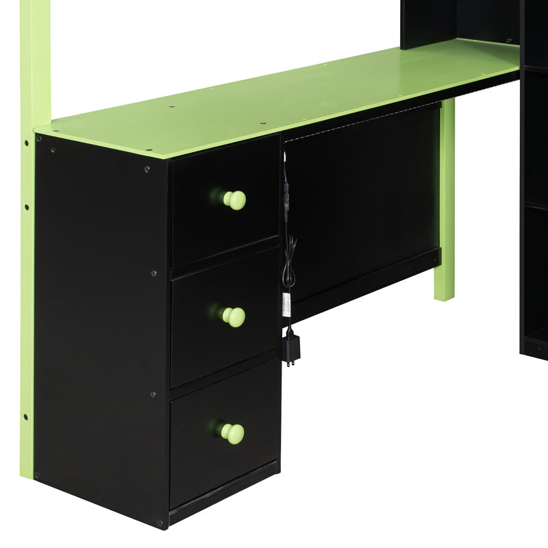 Lit mezzanine en bois avec bureau, Vert