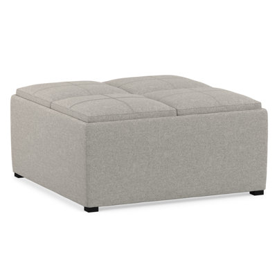 Avalon 35"W Upholstered Linen-Look Fabric Modern Square Coffee Table Storage Ottoman with 4 Flip-Over Trays