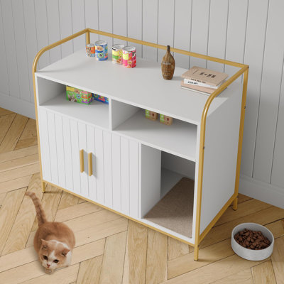 Cat Litter Box Enclosure, Hidden Litter Box with 2 Storage & Scratching Mat, Double Door Cabinet, Metal Frame & Front Entry