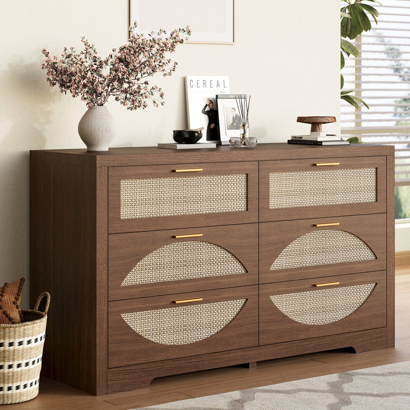 Commode de rangement en rotin avec 6 tiroirs, armoire en bois pour la chambre à coucher et le salon, Arc, Noyer