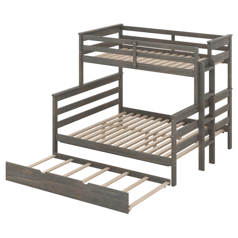 Twin XL Over Queen Bunk Bed Wood Detachable Bunk Bed With Trundle & Ladder, Multi-Function Bunk Bed, Gray