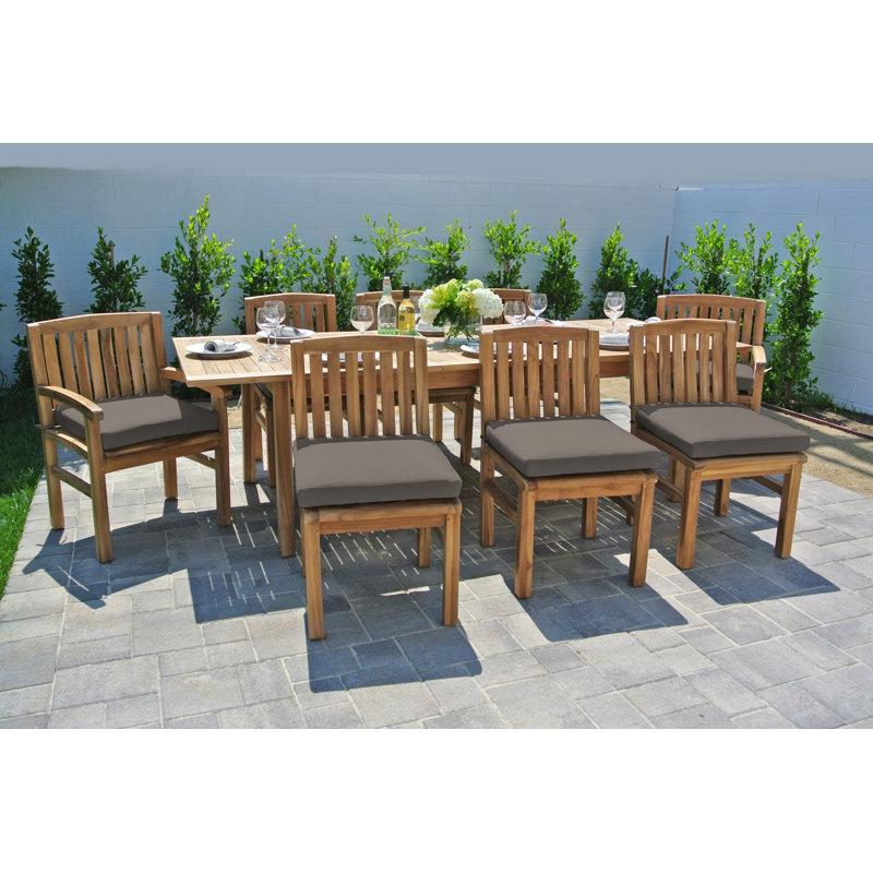 Huntington 9pc Teak Dining Set With Expansion Table Sunbrella Cushions, Coal