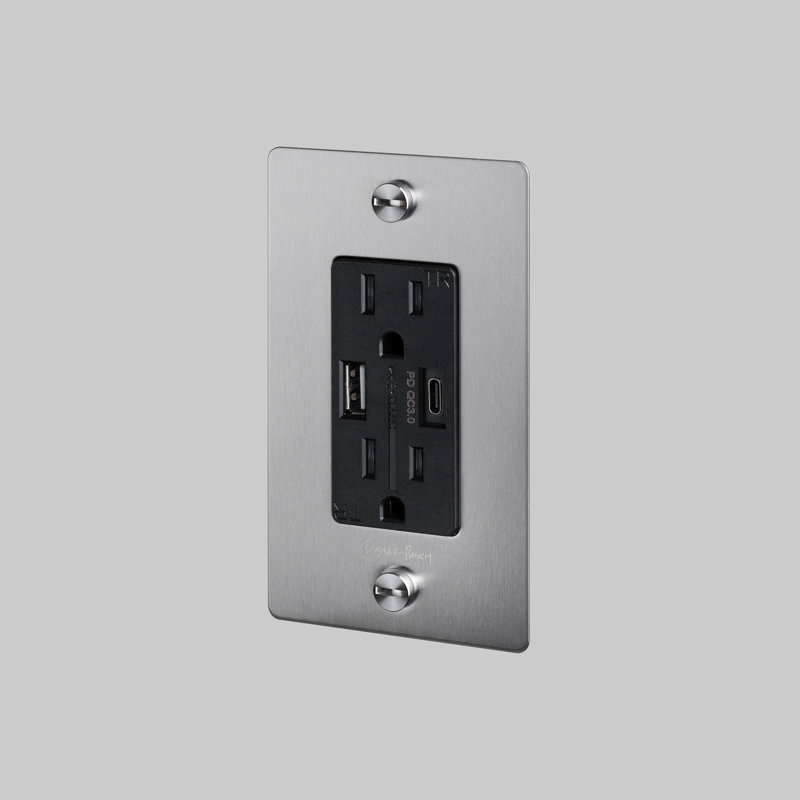 1G Combination Duplex Outlet And USB-A + C Charger / With Logo, Stainless Steel