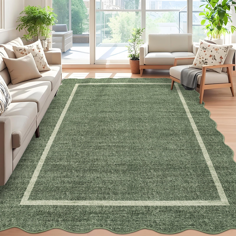 Scalloped Machine Washable Rug Non-Slip Bordered Floor Mats Non-Shedding Soft Low Pile Modern Accent Rugs for Living Room Bedroom Office