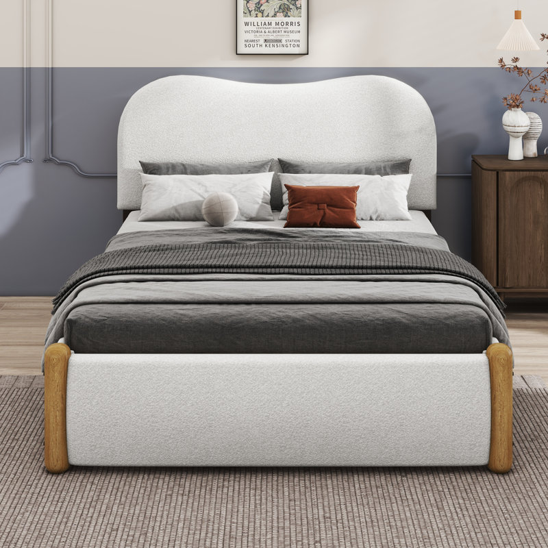 Lit plateforme double avec pieds en bois, Blanc, Double
