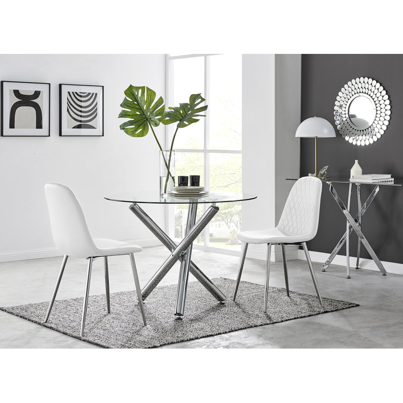 Corova Round Dining Table And 2 Cappuccino Gold Leg Chairs, White/Silver