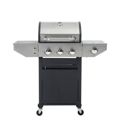 Barbecue au propane à 3 brûleurs - Barbecue en acier inoxydable de 37 000 BTU avec brûleur latéral et brûleur de gril, grilles en fonte, thermomètre intégré, roues pour la cuisson sur le patio / jardin / extérieur (noir et argent)