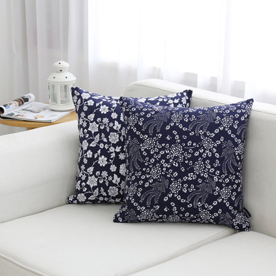 Housse de coussin carrée à motif floral bleu marine
