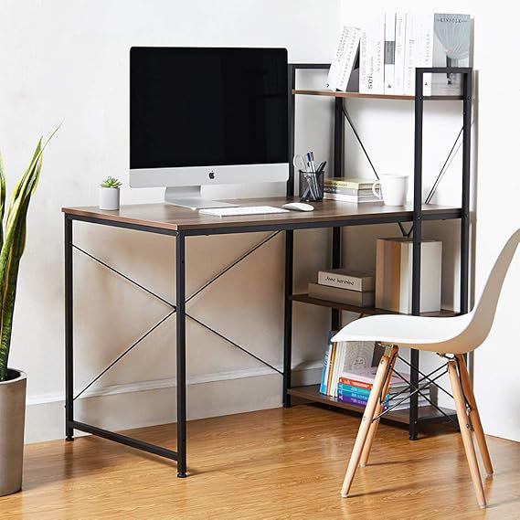 Computer Desk With 4 Tier Shelves - 47.6'' Multi Level Writing Study Table With Bookshelves Modern Steel Frame Wood Desk Compact Home Office Workstation (Natural Brown)