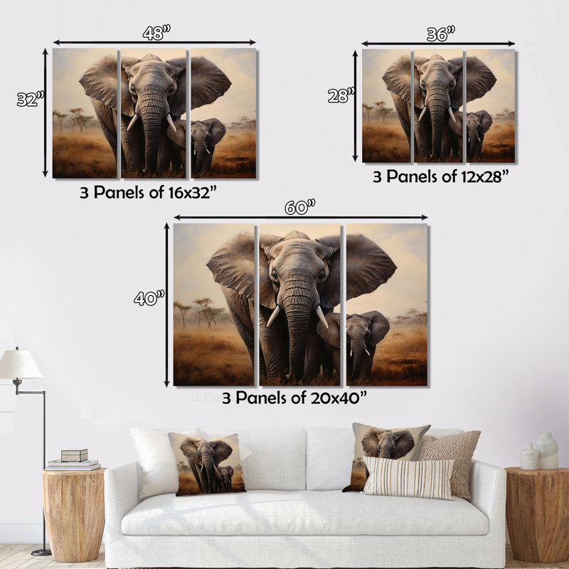 Éléphant tutelle sur toile, 3 pièces, H 28 po x l 36 po x P 1 po