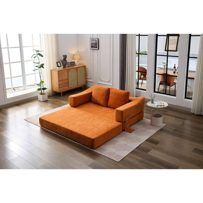 Lit escamotable rétro en chenille, canapé convertible orange pour le salon - amovible, poches latérales avec rangement pour matelas, 2 pièces