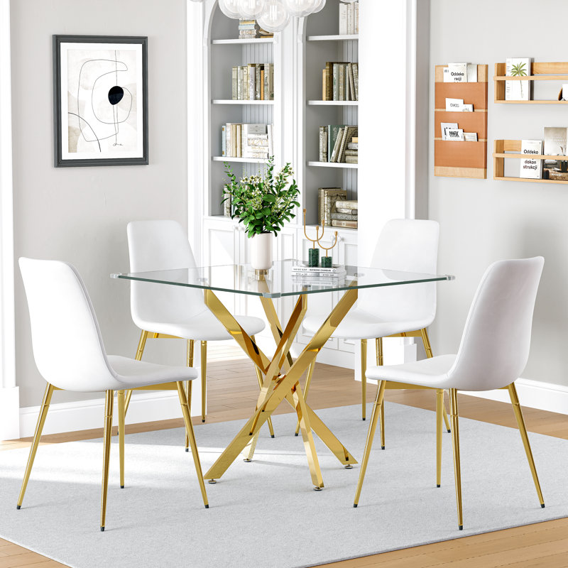 36" Square Glass Dining Table Set, Modern Stainless Steel Cross-Leg Base With 4 Velvet Upholstered Chairs, Gold/White/Gold