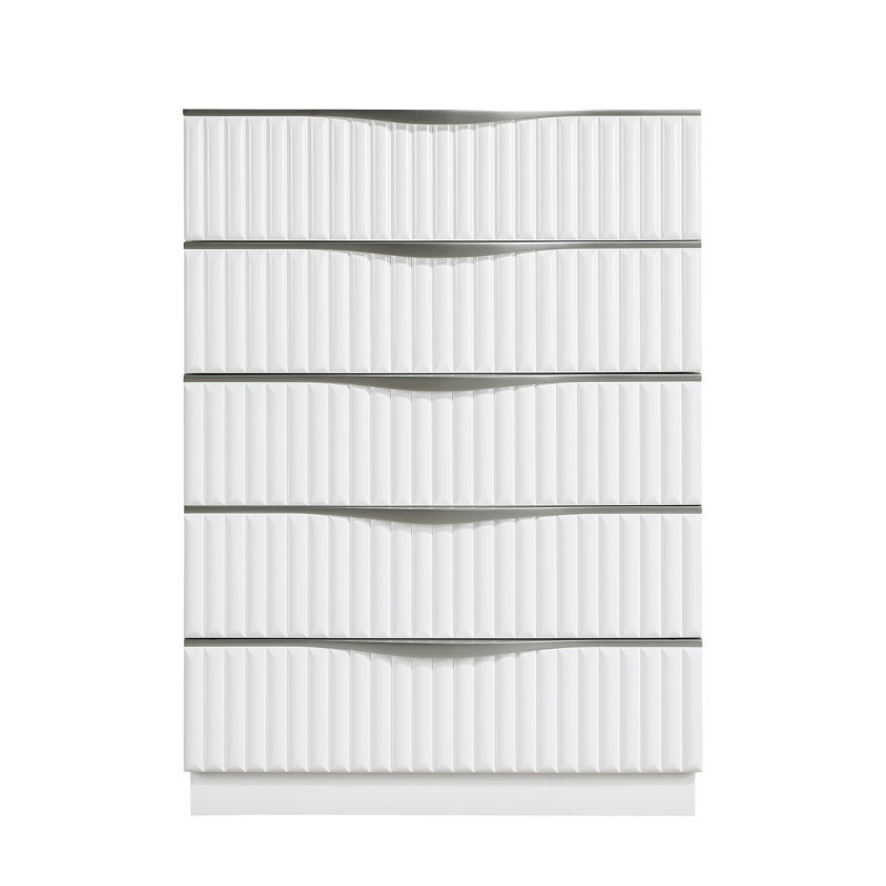 Luxueuse commode à cinq tiroirs avec panneau blanc texturé et poignées élégantes Glam Finish