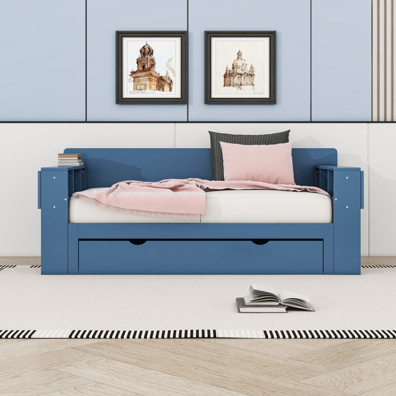 Lit de jour en bois avec bureau amovible, tiroirs de rangement et tablettes, Complet/Double, Bleu