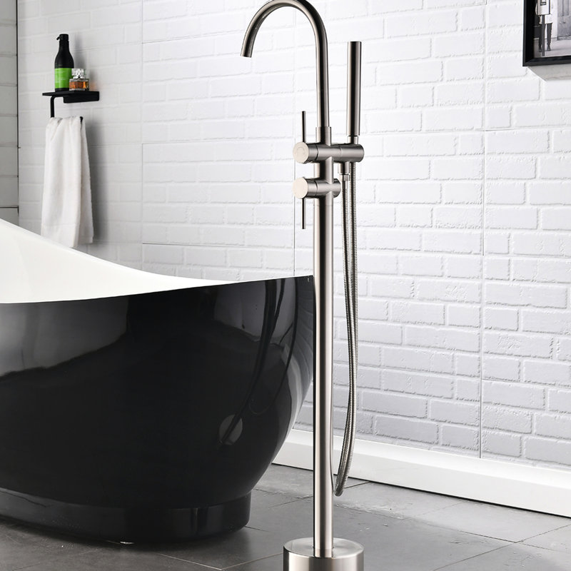 Robinet de baignoire avec douche à main, fixation au sol, robinet 1 trou, extractible à fixation classique de style antique, nickel brossé