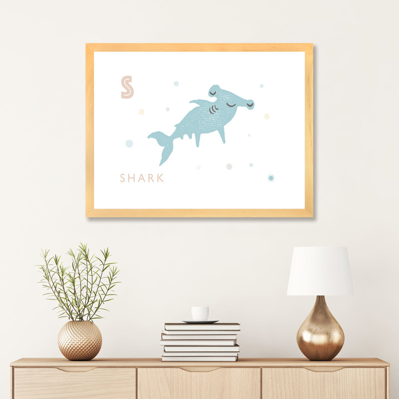 Requin - imprimé, Papier avec cadre beige, Blanc, H 24 po x l 32 po x P 1 po