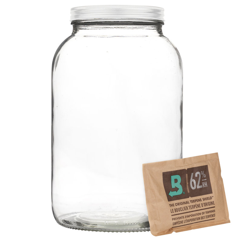 Contenant en verre résistant aux odeurs avec couvercle en métal hermétique - Comprend un paquet d'humidité bidirectionnel à 62% qui garde le contenu frais pendant de nombreux mois - Pot Mason Stash grande capacité - 1 gallon