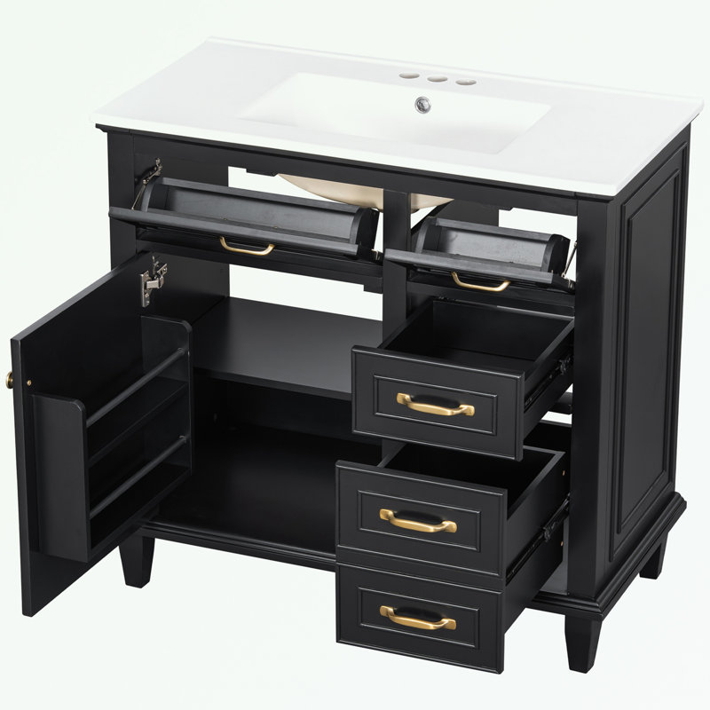 Bathroom Vanity with Sink, Flip Drawers and Adjustable Shelf, Black/Gold